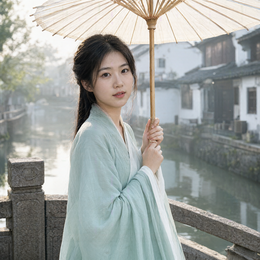 江南青石桥上的成年女性穿浅青色汉服撑油纸伞,中近景构图使眼睛、五官和皮肤纹理清晰可见